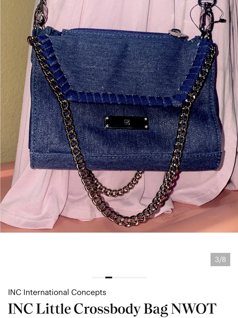 INC International Concepts Denim Blue Chain-Accent Crossbody Bag